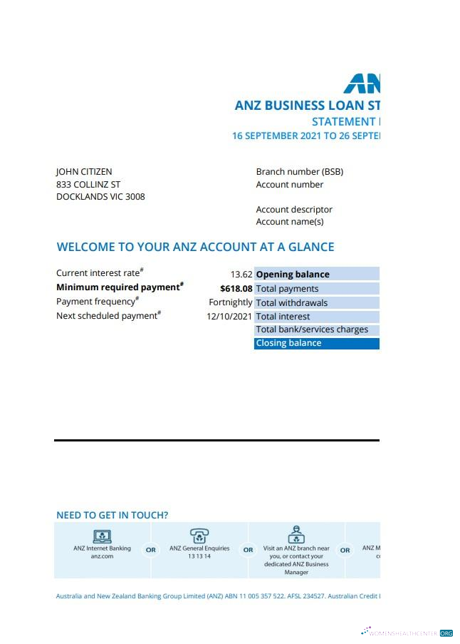 Download Australia ANZ proof of address bank statement 1 page Photoshop template